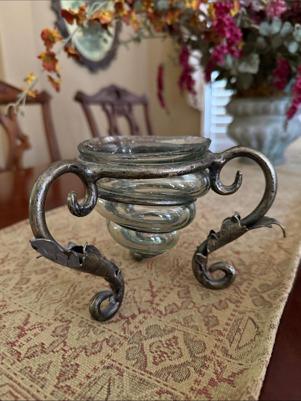 Decorative Glass Spiral Votive with Ornate Metal Stand - Clear Glass